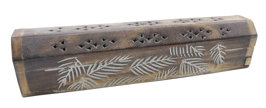 Porte-encens en bois sculpté de 30 cm avec motifs de feuilles – coffret décoratif pour bâtonnets d’encens.