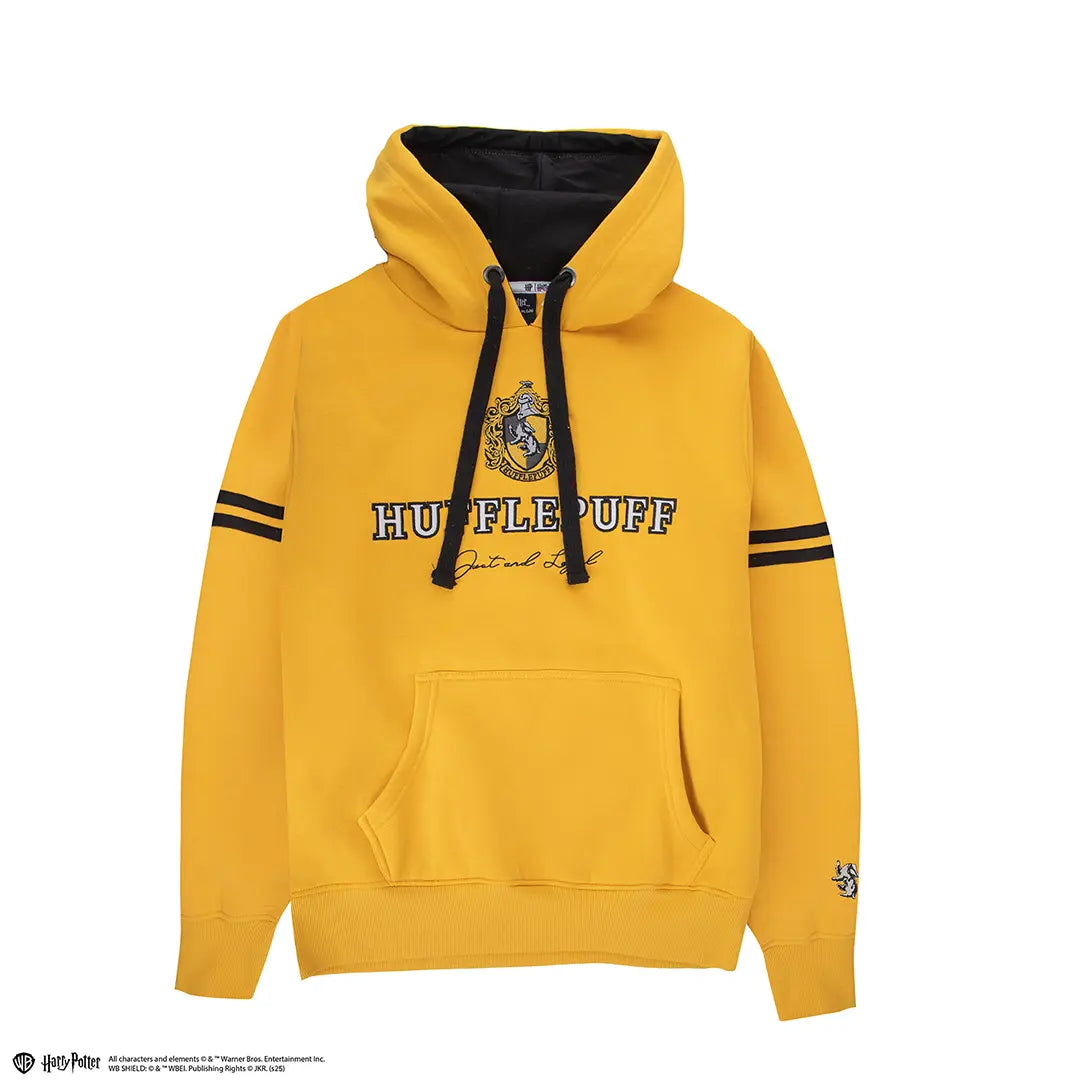 Sweat à capuche Poufsouffle Harry Potter – jaune et noir, logo brodé, tailles XS à L, coton et polyester.