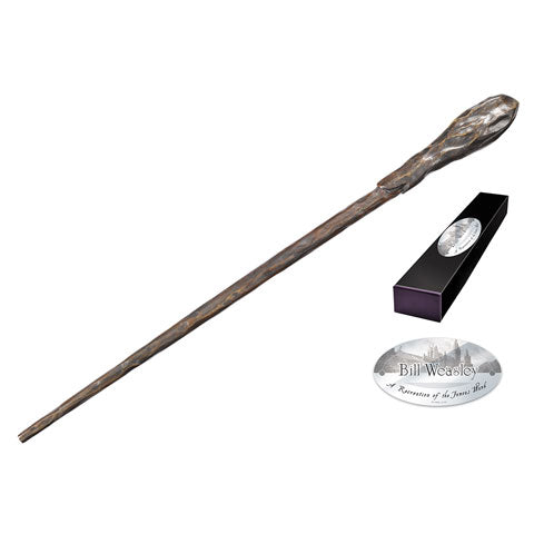  Réplique baguette Bill Weasley Harry Potter – Résine 36cm, bois sombre, boîte collection personnages, plaque nominative.