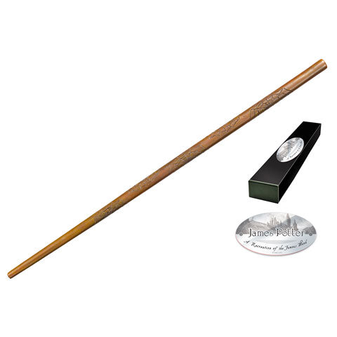 Réplique baguette James Potter Harry Potter – Résine, bois clair gravé, boîte collection personnages, plaque nominative.

