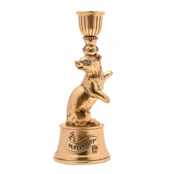 Bougeoir Poufsouffle Harry Potter doré en résine avec blaireau sculpté et inscription Hufflepuff