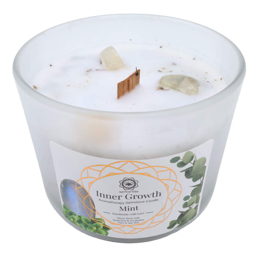 Bougie Parfumée “Croissance Intérieure” – Pierre de Lune & Menthe – 256g