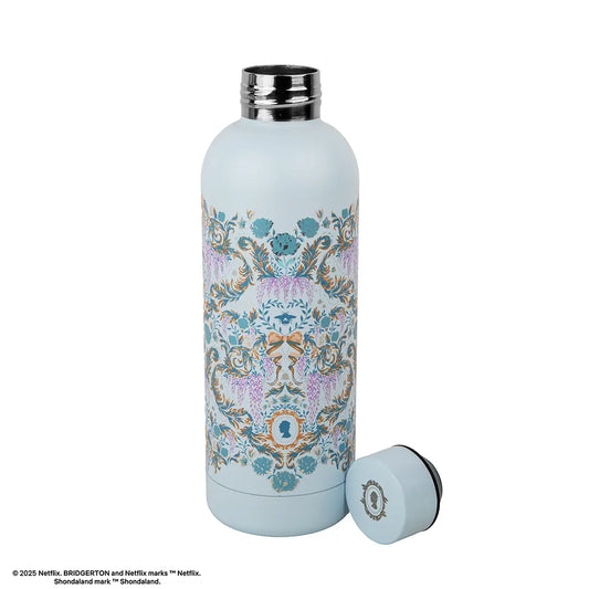 Bouteille isotherme Bridgerton 500ml bleu clair avec motifs floraux damassés et détails dorés