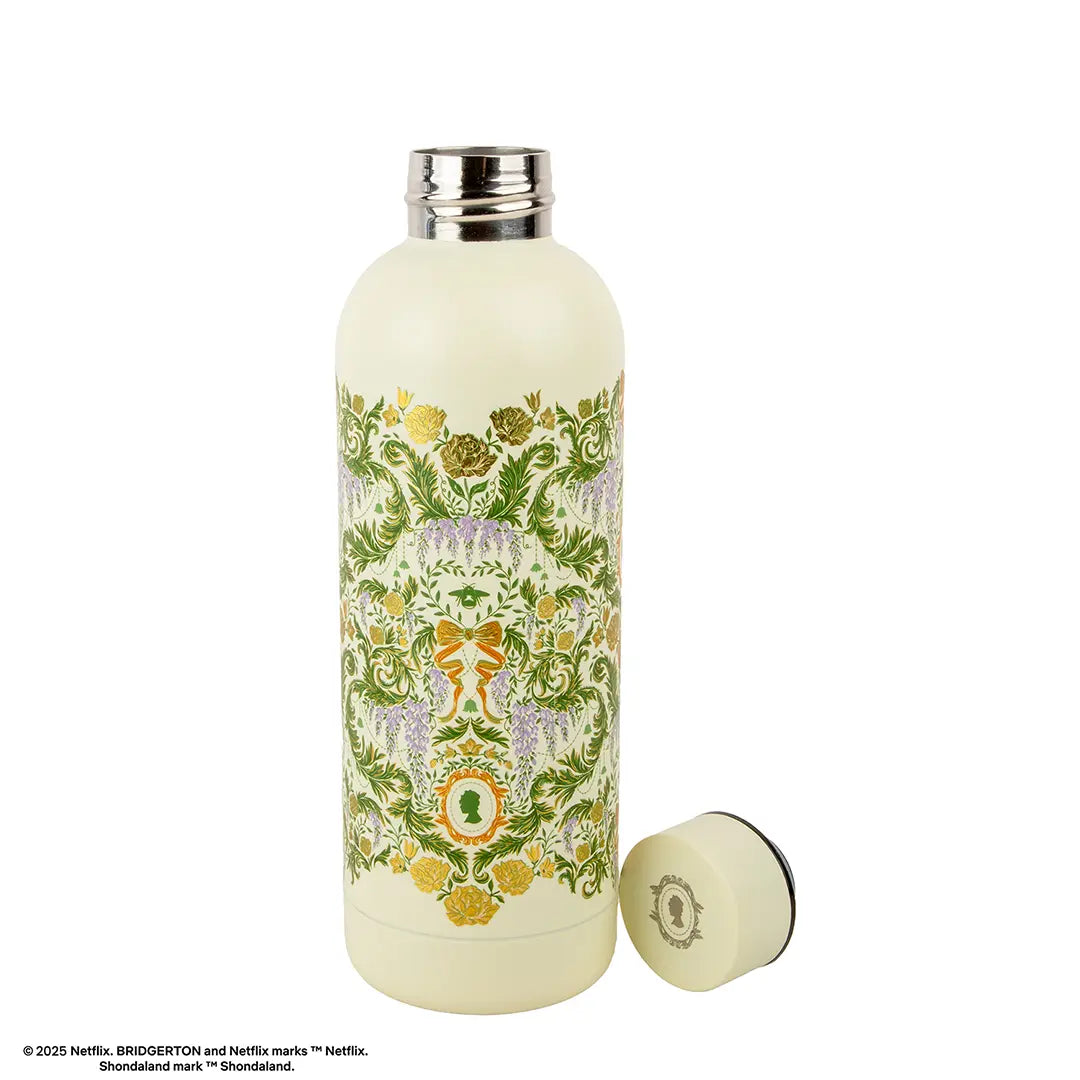 Bouteille isotherme Bridgerton 500ml avec motifs fleurs de Damas vertes et dorées sur fond crème