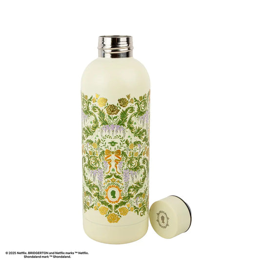 Bouteille isotherme Bridgerton 500ml avec motifs fleurs de Damas vertes et dorées sur fond crème