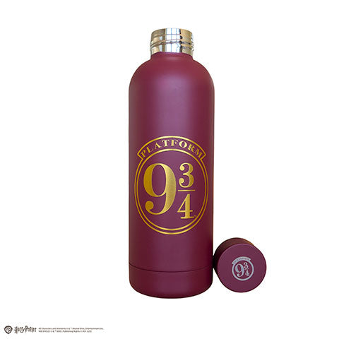 Bouteille isotherme Harry Potter Voie 9¾ de 500 ml, en acier inoxydable bordeaux avec emblème Platform 9¾ doré et bouchon à vis.