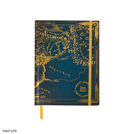 Carnet Le Seigneur des Anneaux avec couverture rigide représentant la carte de la Terre du Milieu en doré.