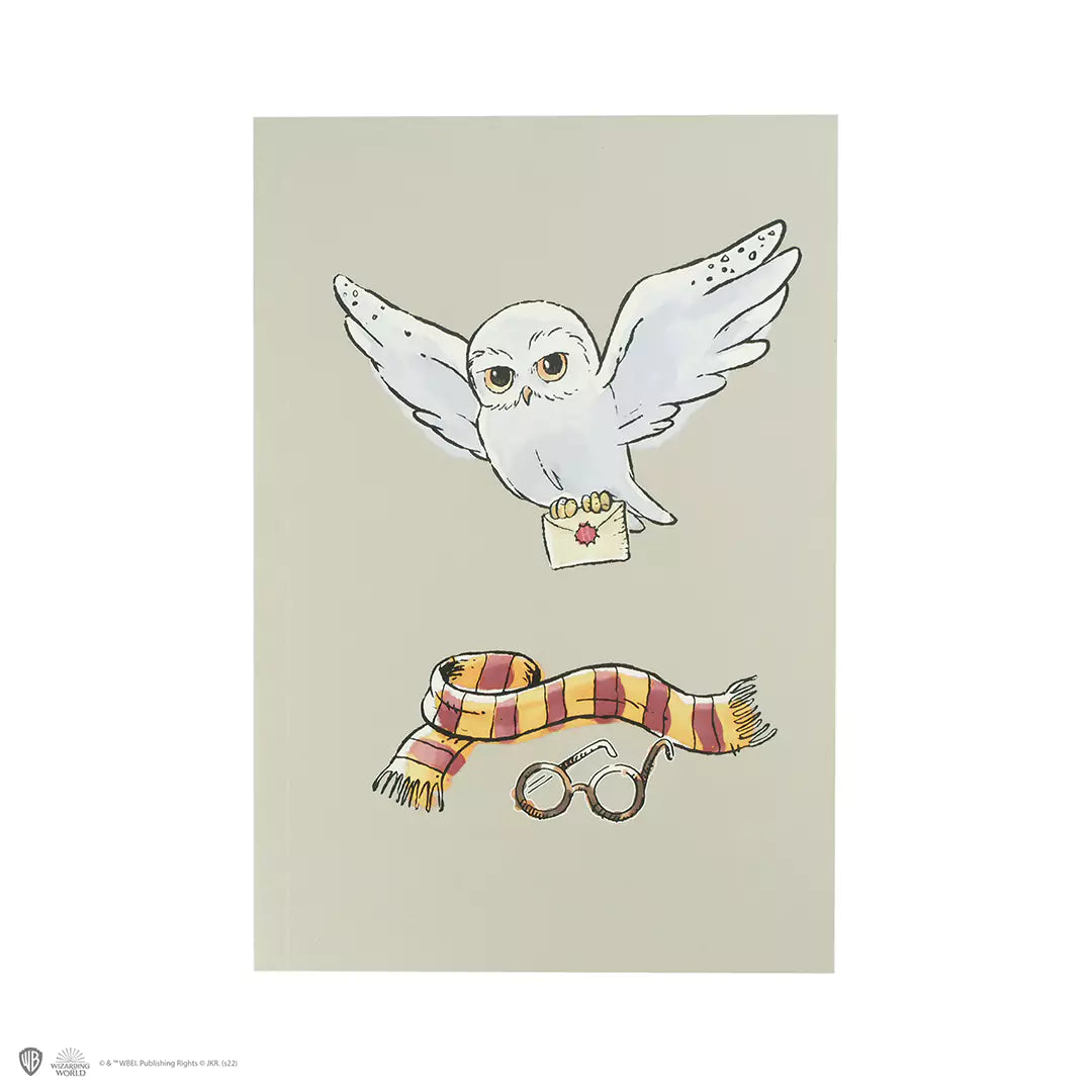 Carnet souple Hedwige Harry Potter avec illustration de la chouette portant une lettre de Poudlard.