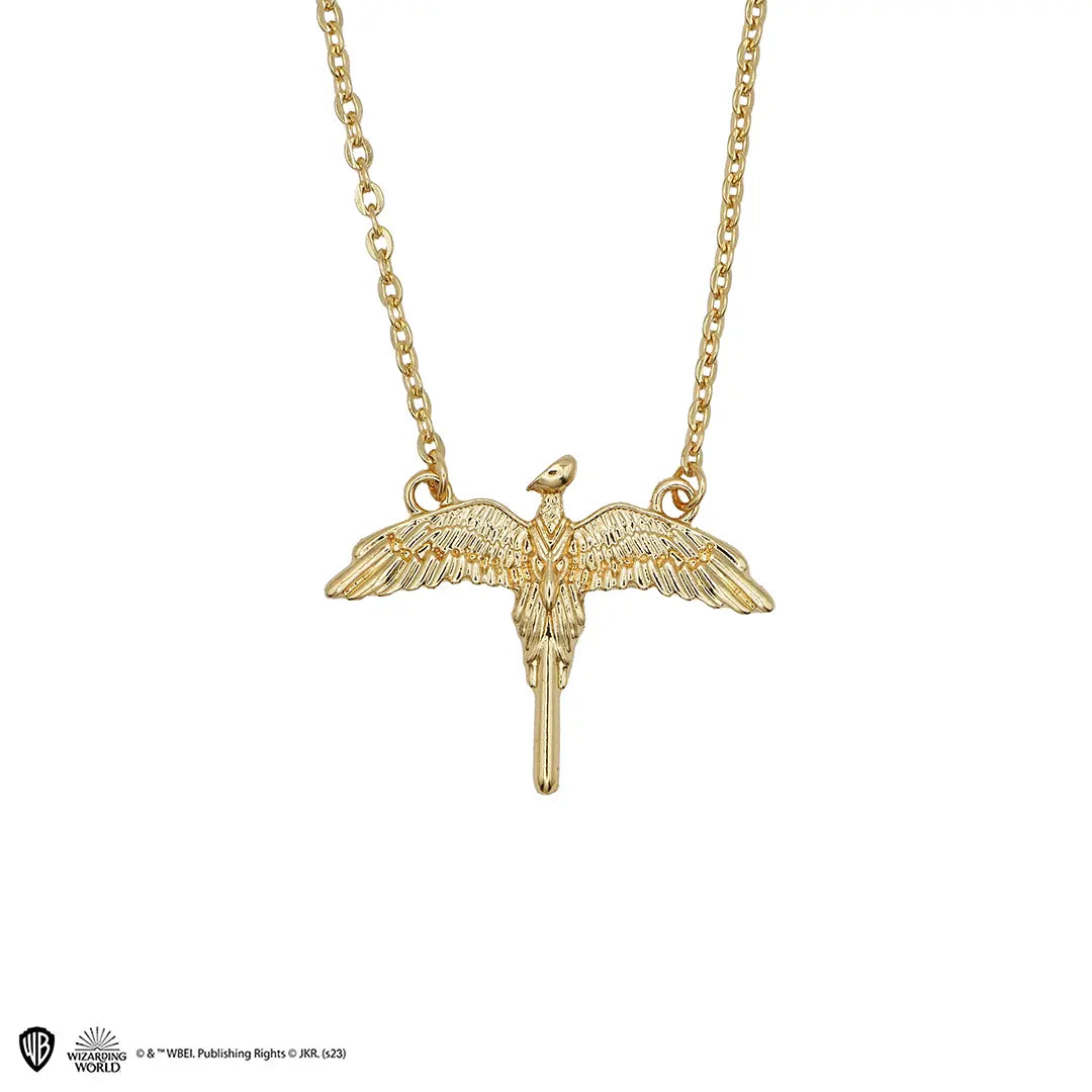 Collier Fumseck Harry Potter avec pendentif doré représentant le phénix de Dumbledore aux ailes déployées.