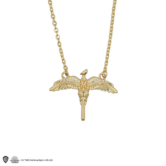 Collier Fumseck Harry Potter avec pendentif doré représentant le phénix de Dumbledore aux ailes déployées.