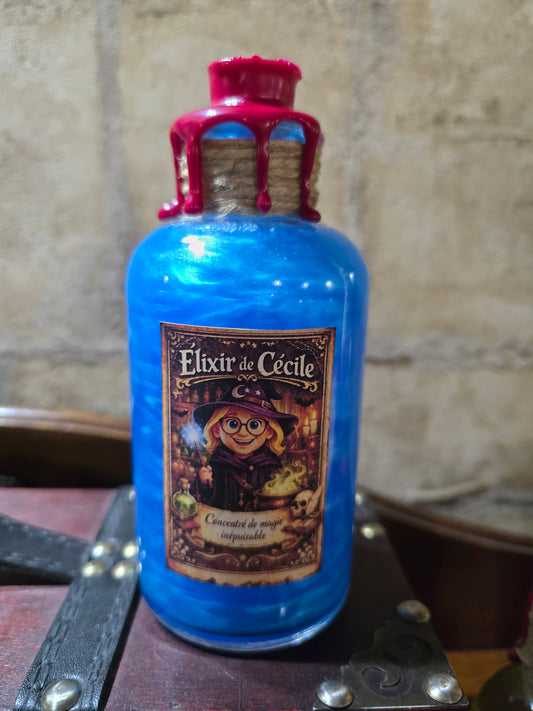 Élixir de Cecile flacon apothicaire bleu foncé à bleu clair cire rouge Baguettes et Sortileges