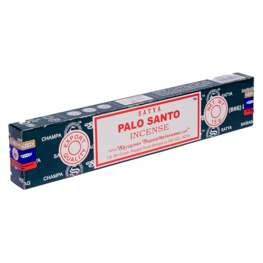 Boîte d’encens Satya Palo Santo 15g, bâtonnets parfumés au bois sacré, utilisés pour la purification et l’harmonisation énergétique.