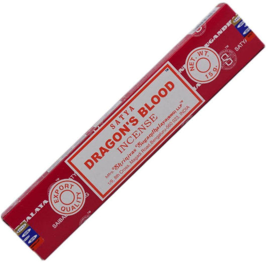 Boîte d’encens Satya Sang de Dragon 15g, bâtonnets parfumés à la résine sacrée, utilisés pour les rituels de purification et de protection.