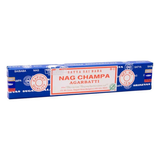 Boîte d’encens Satya Nag Champa 15g, bâtonnets indiens aux senteurs florales et boisées, parfaits pour la méditation et la purification.
