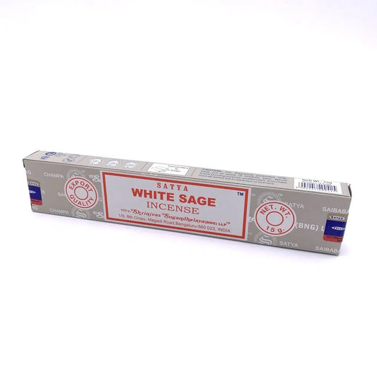 Boîte d’encens Satya Sauge Blanche 15g – bâtonnets purifiants aux senteurs herbacées, utilisés pour les rituels de nettoyage énergétique.