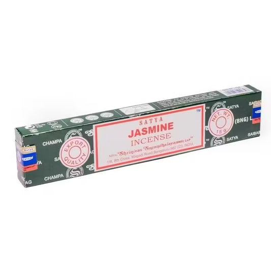 Boîte d’encens Satya Jasmin 15g, bâtonnets floraux au parfum envoûtant de jasmin, idéals pour la détente et les rituels d’amour.