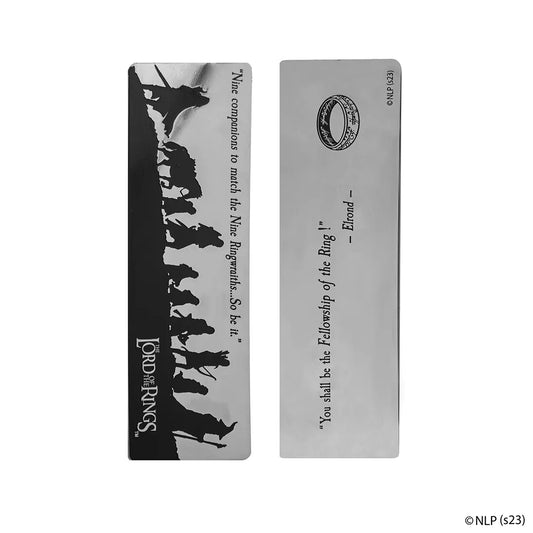 Marque-page Le Seigneur des Anneaux en métal avec silhouettes de la Communauté de l’Anneau et citations du film.
