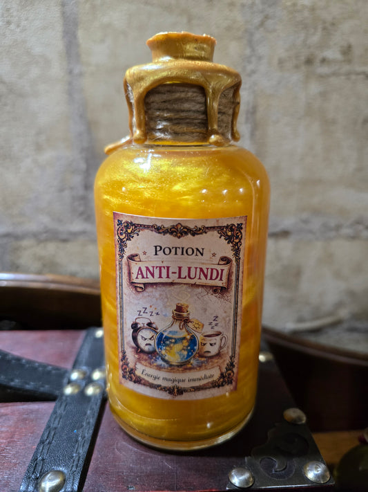 Potion Anti Lundi flacon apothicaire jaune transparent à jaune doré cire jaune Baguettes et Sortileges
