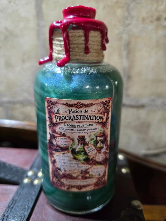 Potion de Procrastination flacon apothicaire vert à vert bleuté cire rouge Baguettes et Sortileges