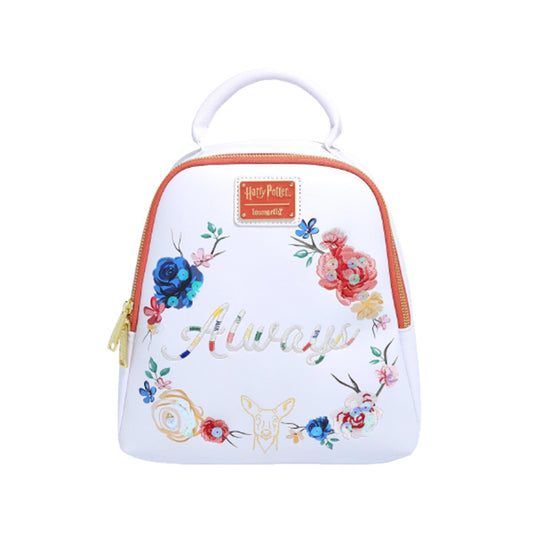 Sac à dos Always Loungefly Harry Potter blanc avec fleurs colorées et motif Patronus biche.