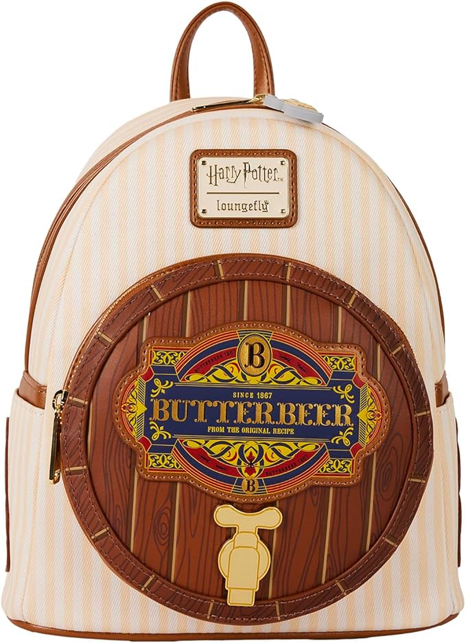 Sac à dos Bièraubeurre Loungefly Harry Potter avec poche tonneau, robinet doré et charm en forme de chope.