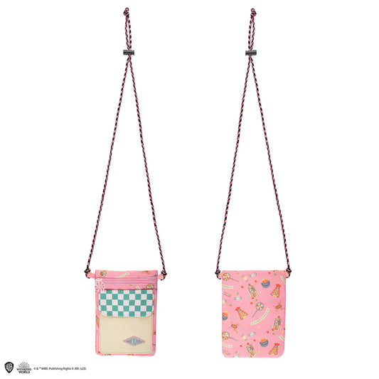 Sacoche bandoulière Honeydukes Harry Potter rose avec motifs de friandises magiques et bandoulière réglable