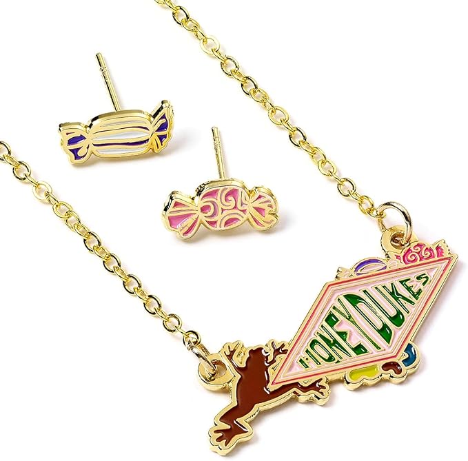 Set bijoux Harry Potter avec collier et boucles d’oreilles dorés inspirés de Honeydukes