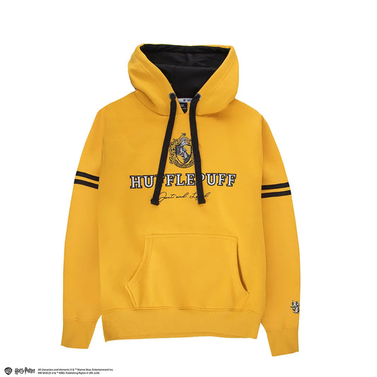 Sweat à capuche Poufsouffle Harry Potter – jaune et noir, logo brodé, tailles XS à L, coton et polyester.