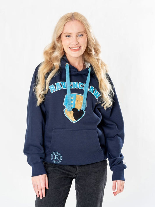 Sweat à capuche Serdaigle Harry Potter bleu marine avec blason Ravenclaw brodé et cordons bleu clair.