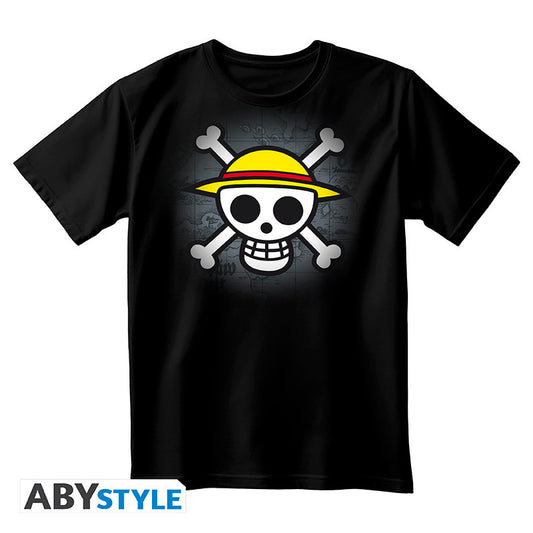 T shirt One Piece noir avec drapeau de l’équipage du Chapeau de Paille imprimé