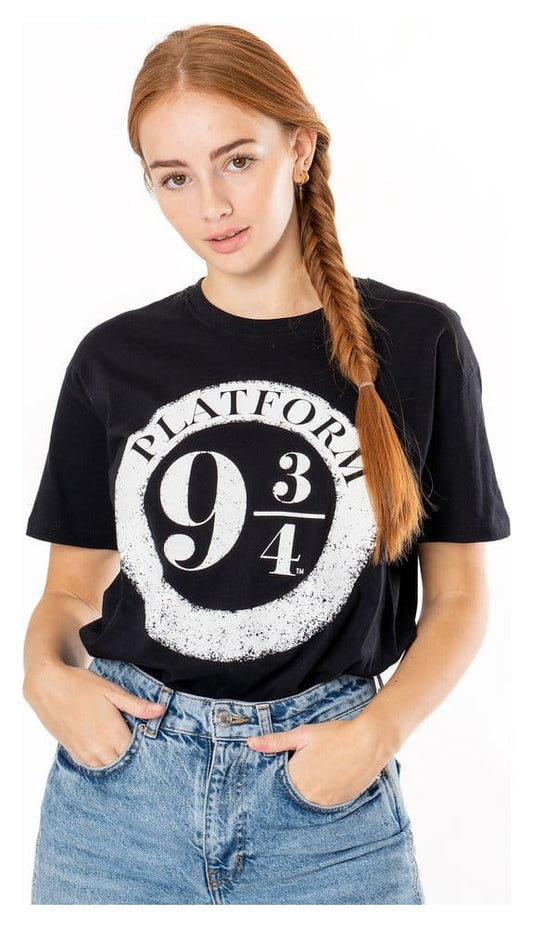 T-shirt Harry Potter noir avec grand logo blanc Platform 9 3/4 inspiré de la célèbre voie magique.